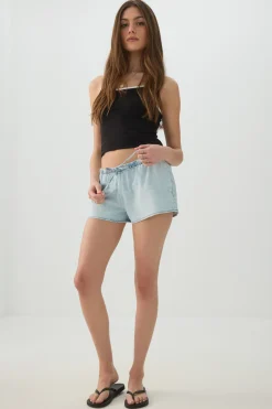 Mid Rise Denim Drawstring Short Shorts