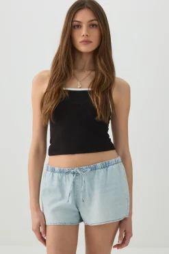 Mid Rise Denim Drawstring Short Shorts
