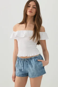 Mid Rise Denim Drawstring Short Shorts
