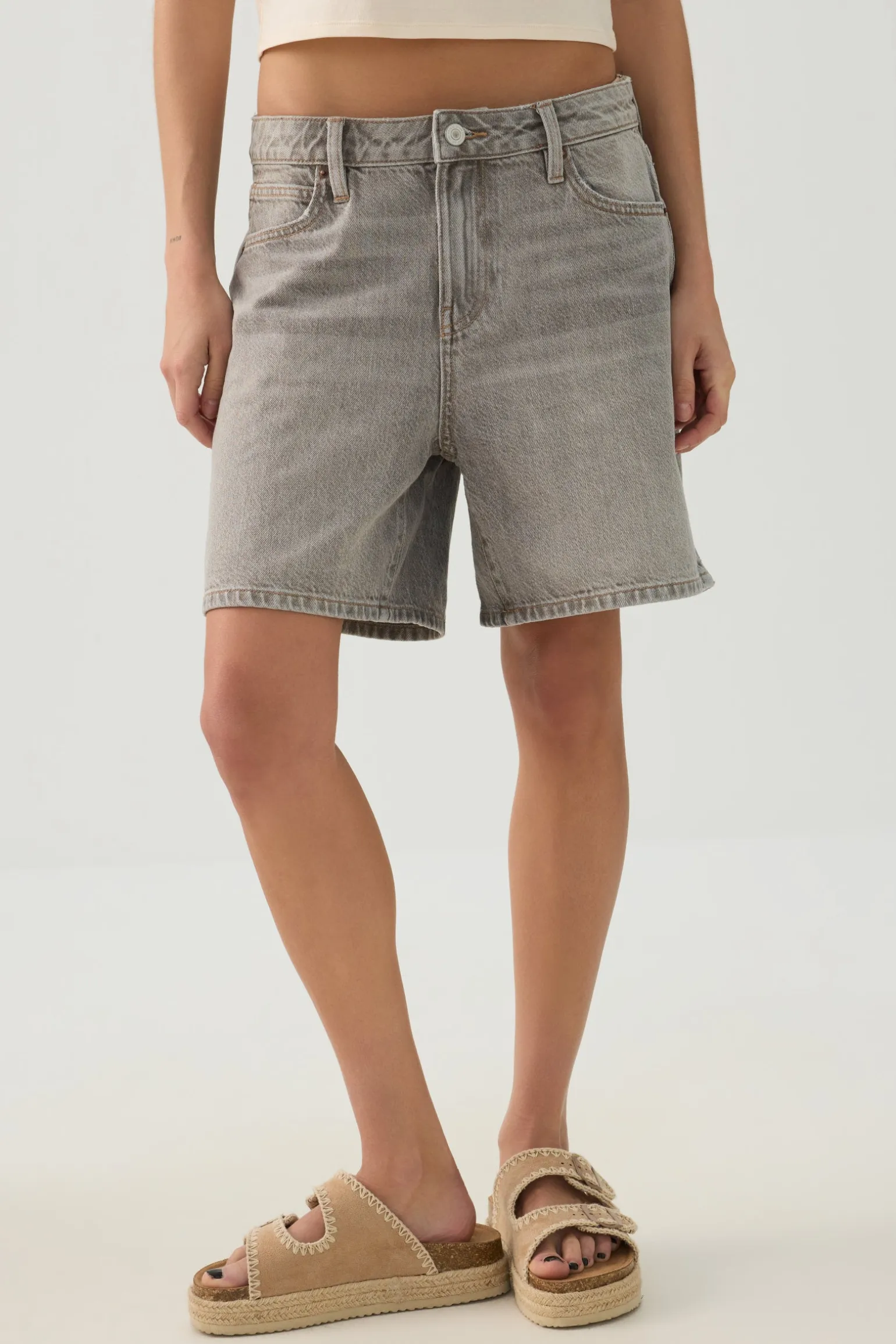 Mid Rise Denim Relaxed Bermuda Shorts