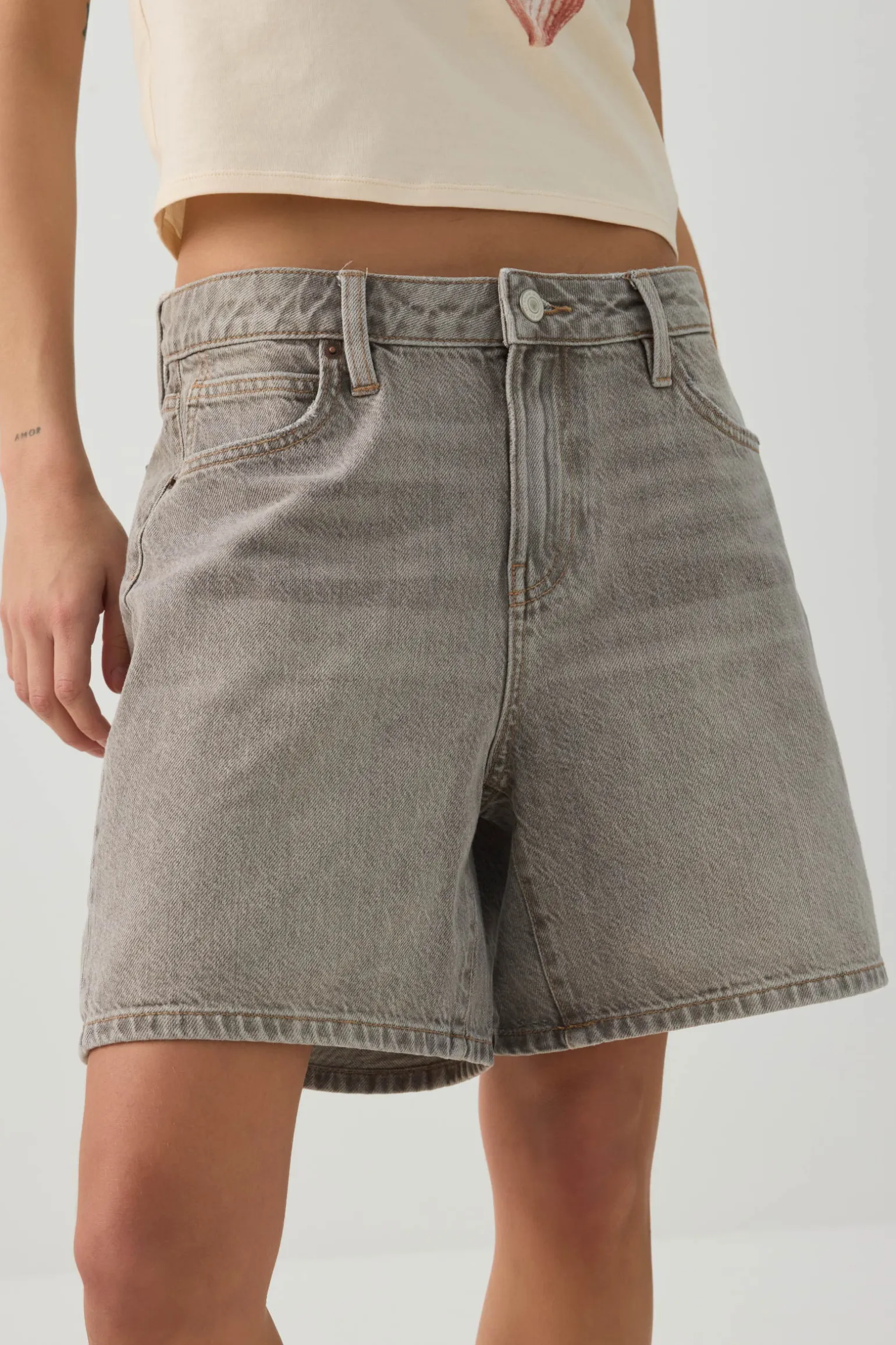 Mid Rise Denim Relaxed Bermuda Shorts