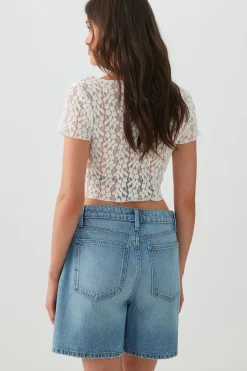 Mid Rise Denim Relaxed Bermuda Shorts