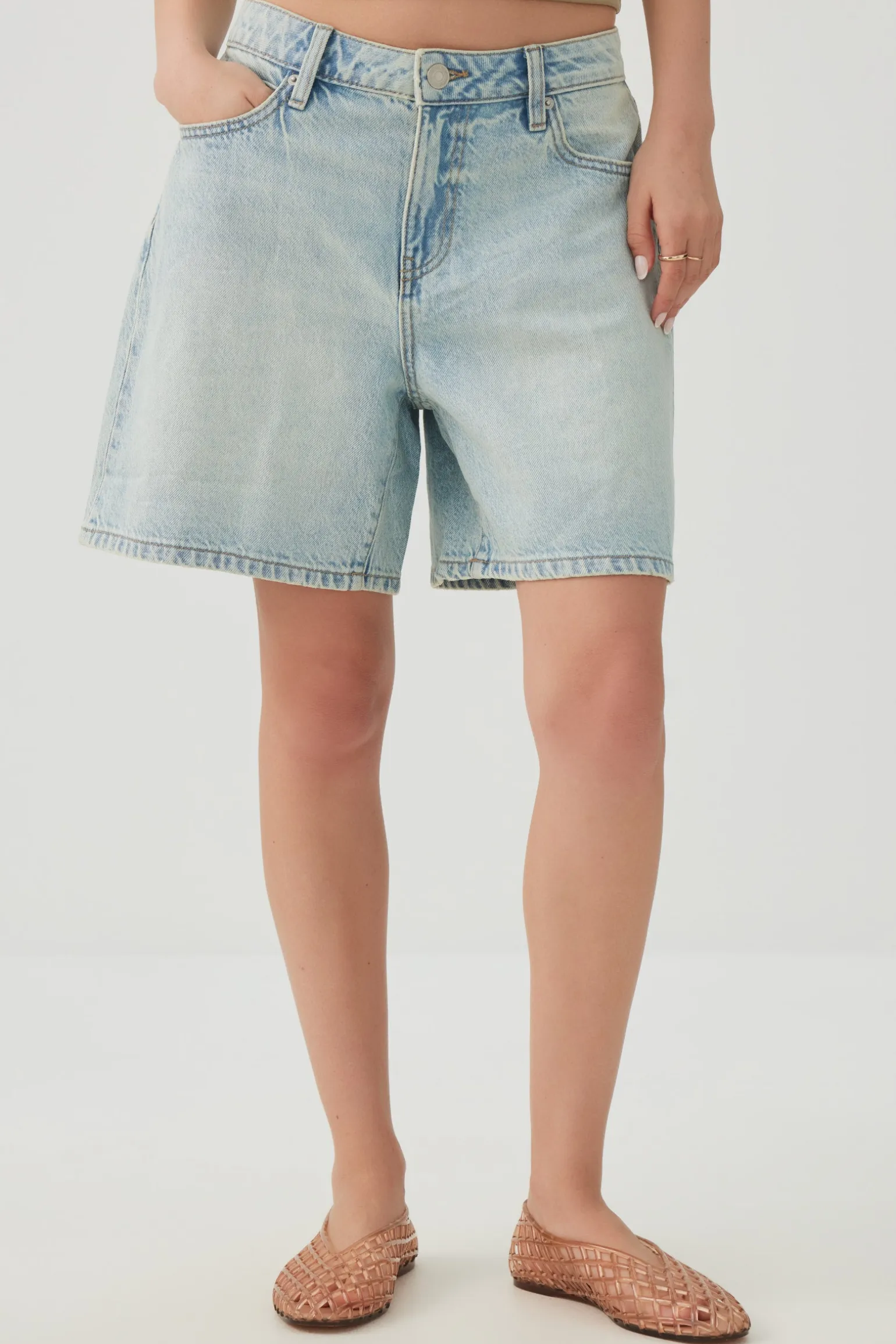 Mid Rise Denim Relaxed Bermuda Shorts
