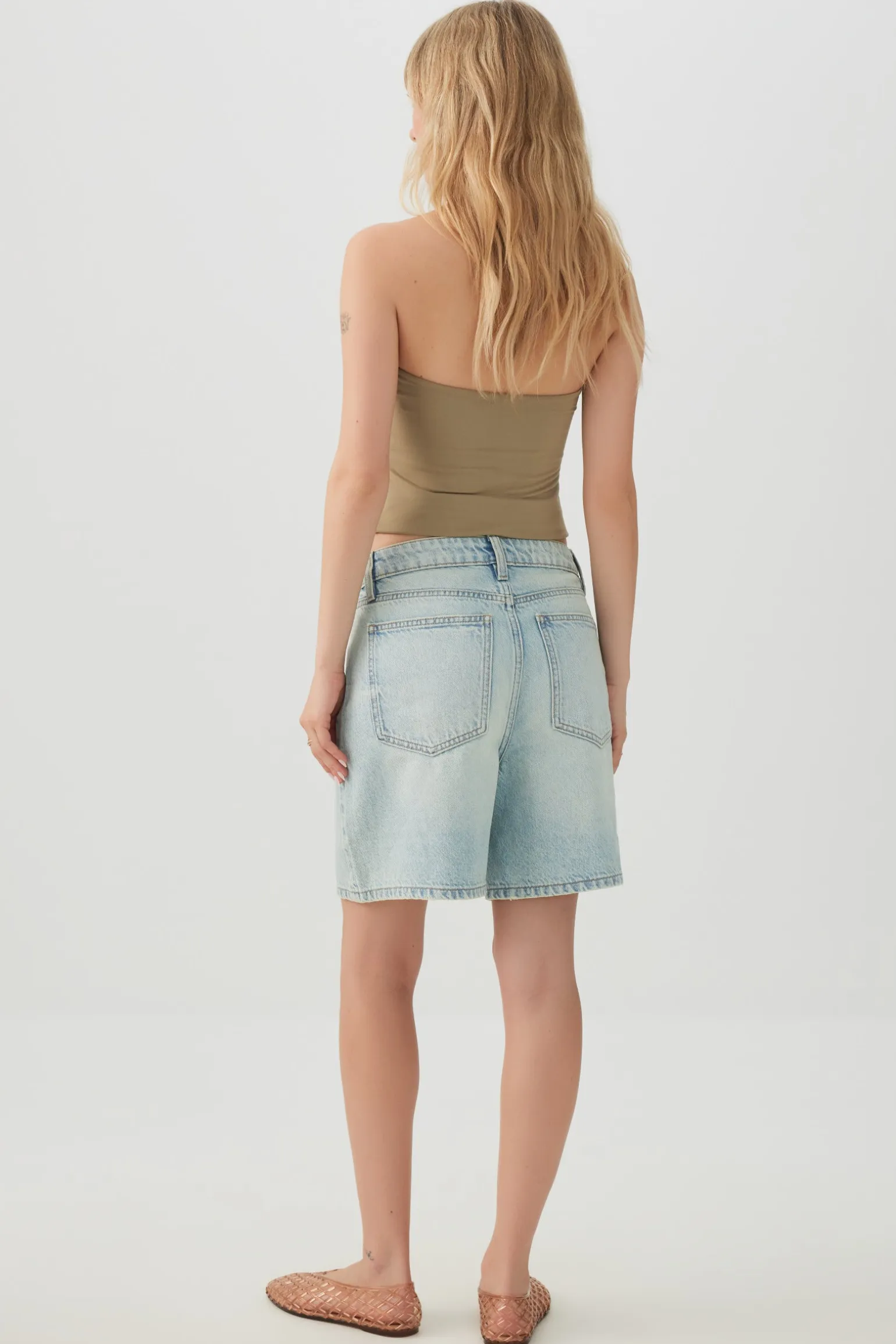 Mid Rise Denim Relaxed Bermuda Shorts