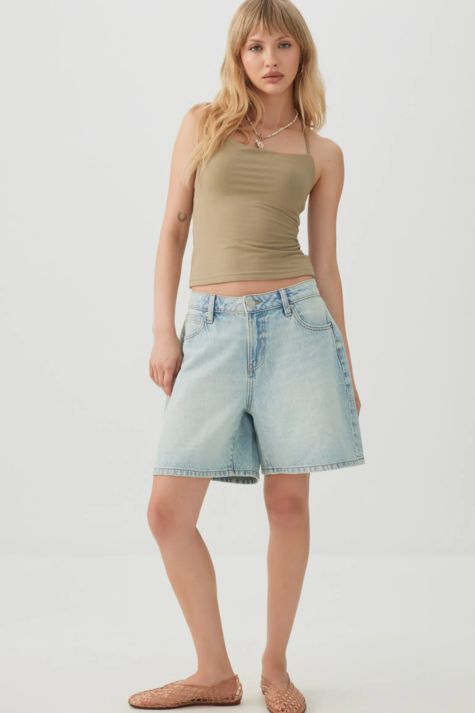 Mid Rise Denim Relaxed Bermuda Shorts