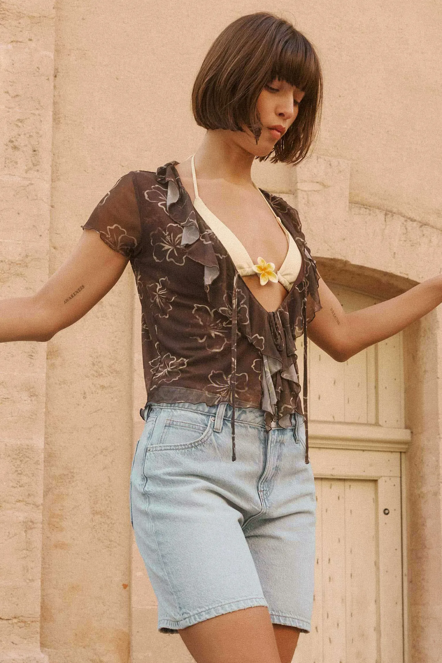 Mid Rise Denim Relaxed Bermuda Shorts