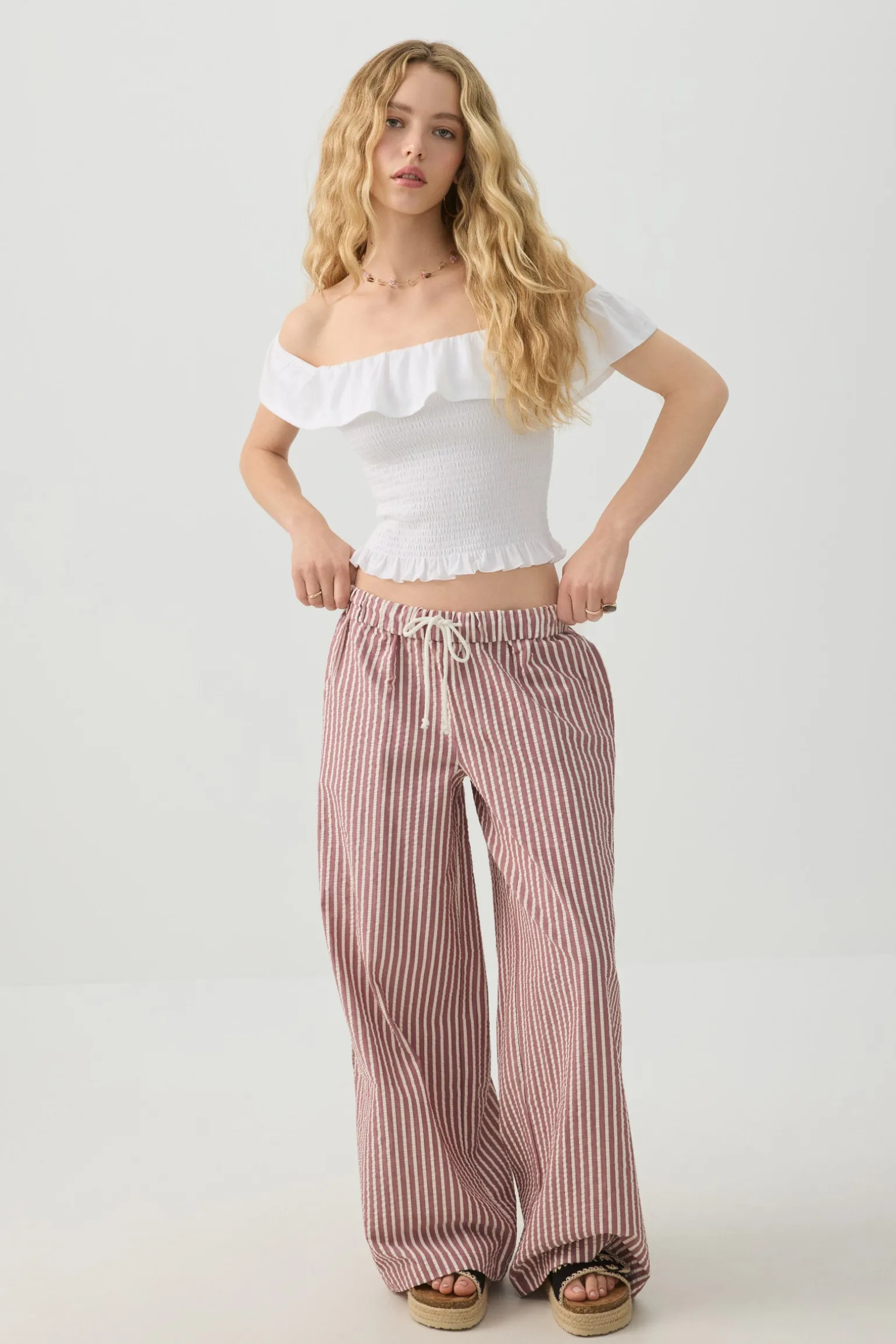 Mid Rise Foldover Wide Leg Pants