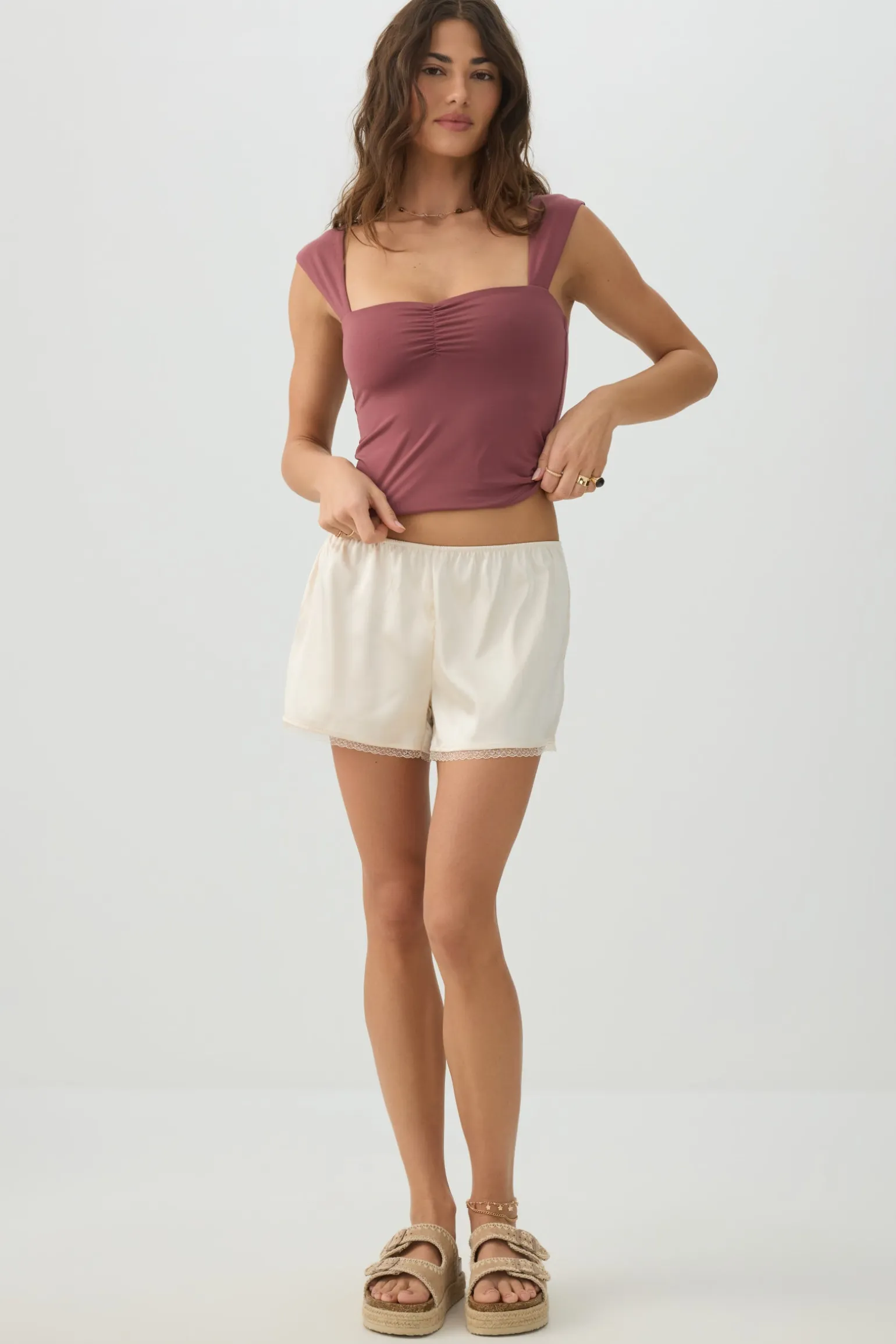 Mid Rise Shorts with Lace Trim