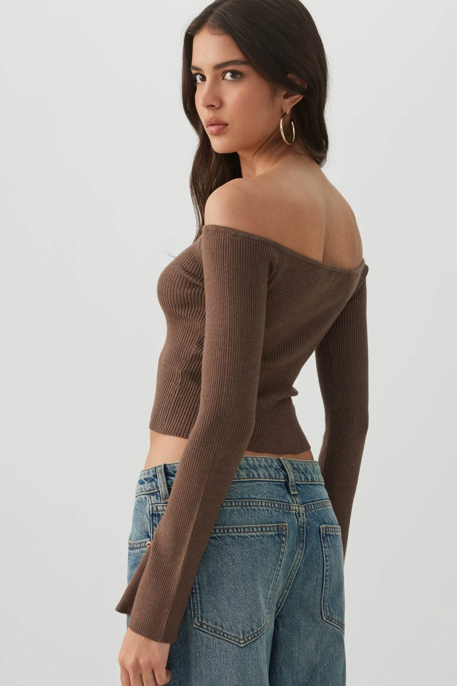 Off Shoulder Rib Knit Sweater