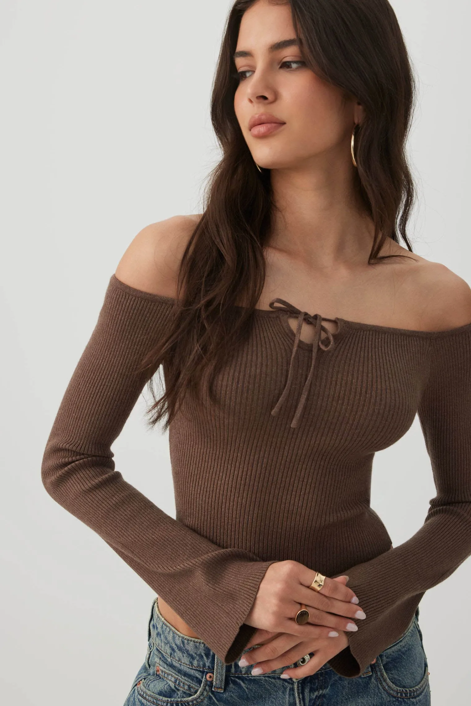 Off Shoulder Rib Knit Sweater