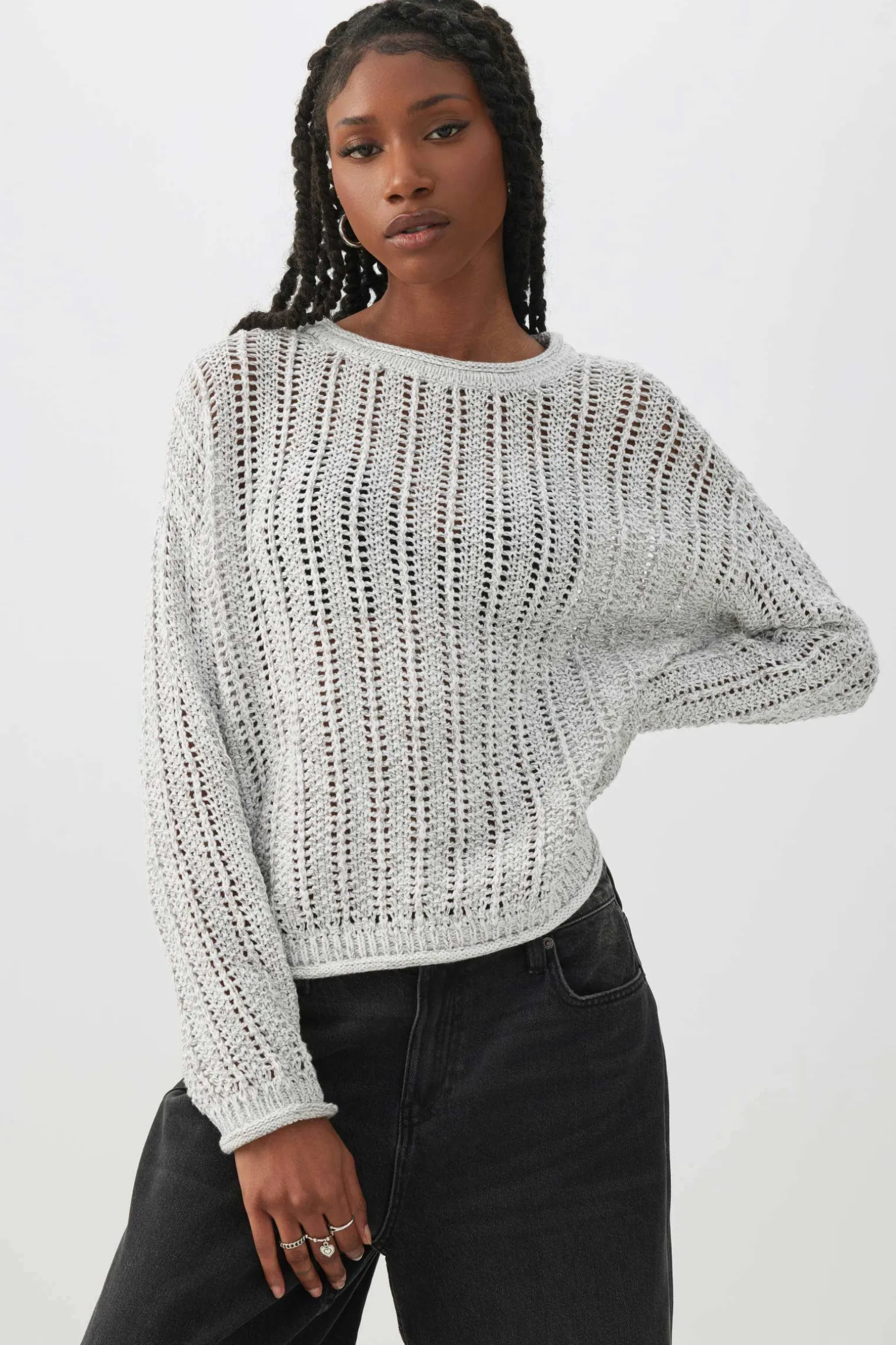 Open Stitch Crew Neck Sweater