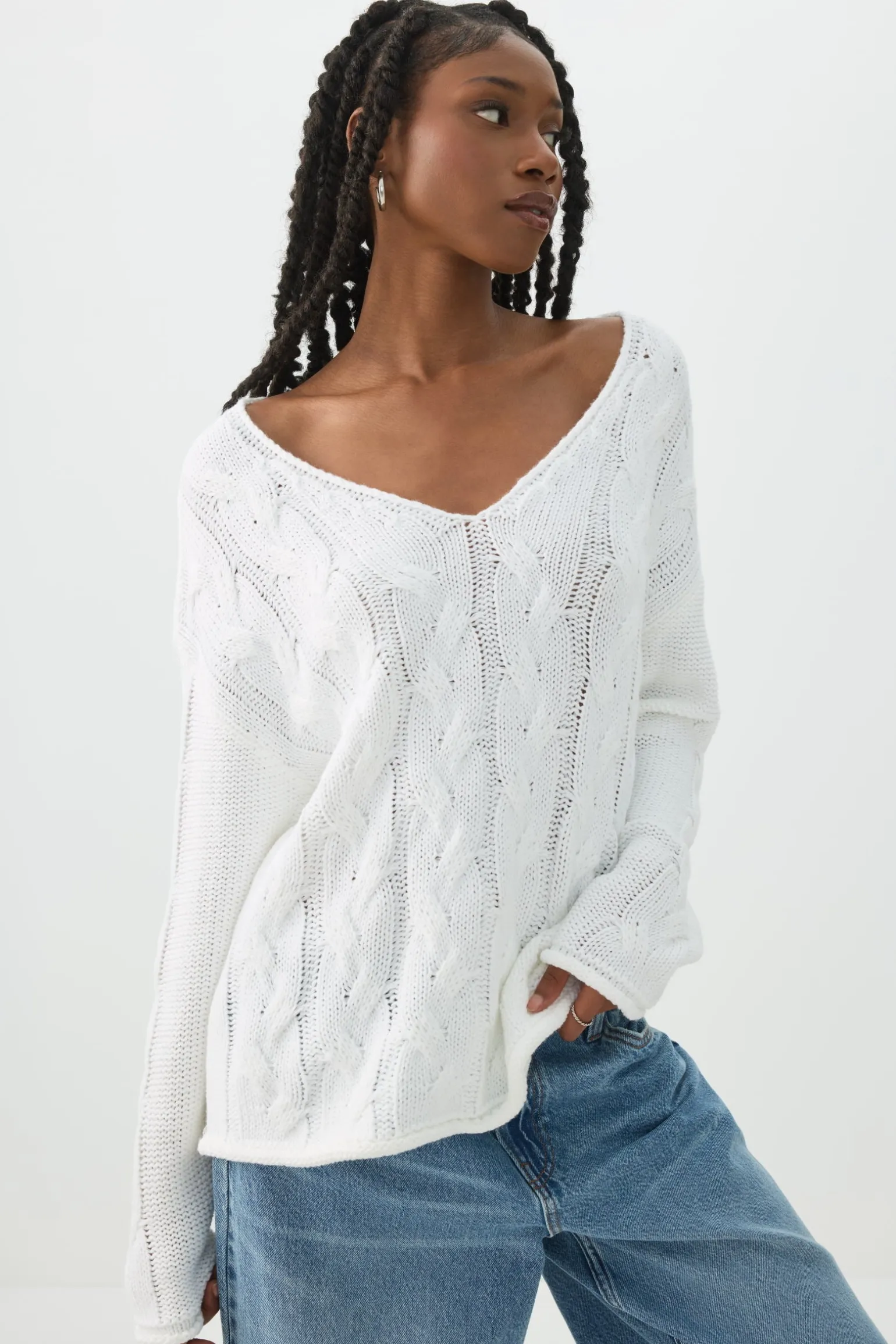 Oversized Cable Knit V-Neck Sweater