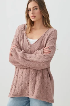 Oversized Cable Knit V-Neck Sweater