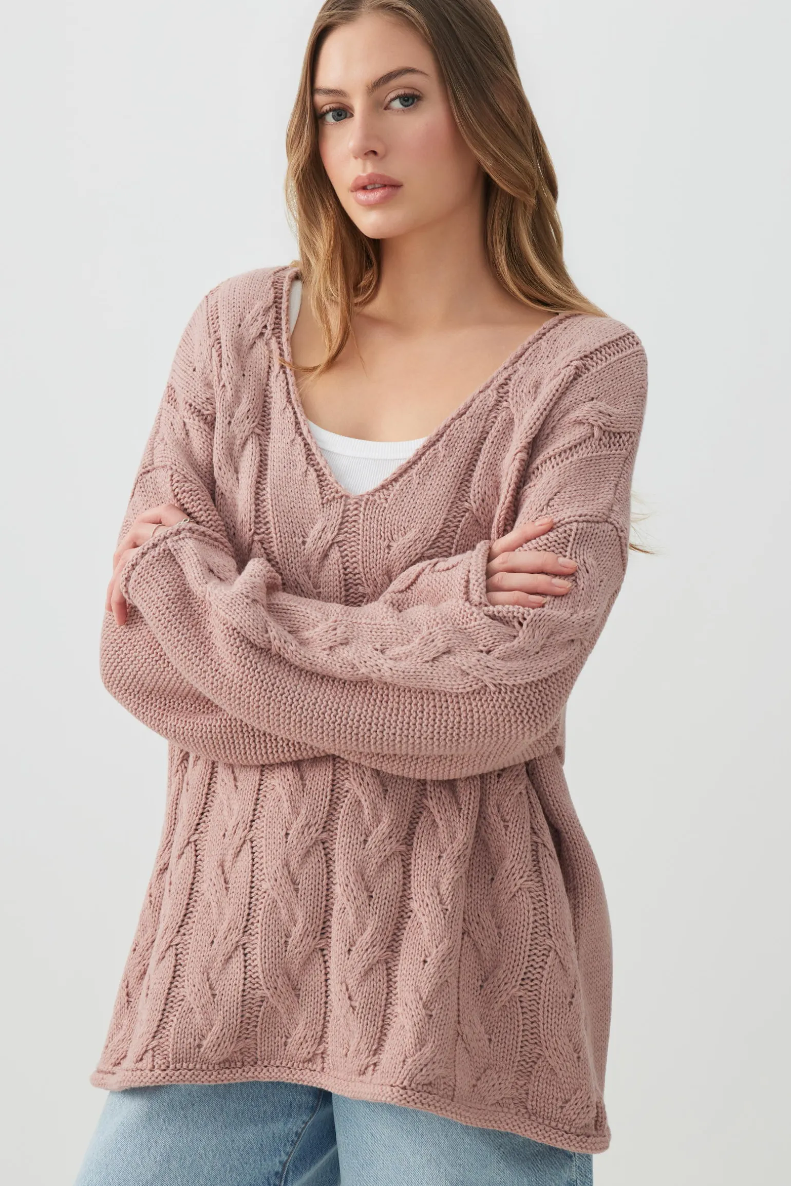 Oversized Cable Knit V-Neck Sweater
