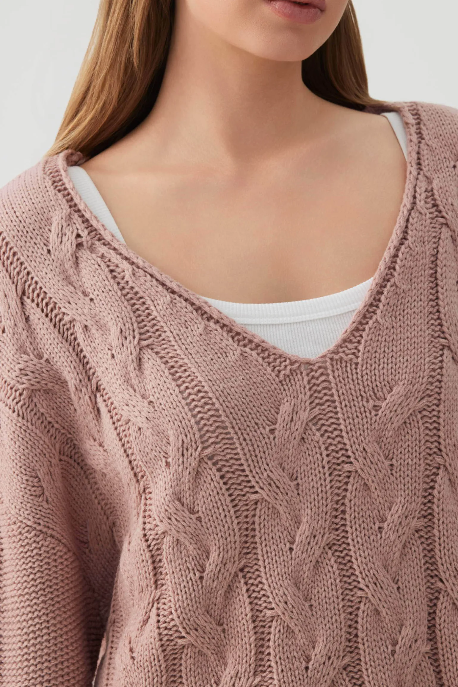 Oversized Cable Knit V-Neck Sweater