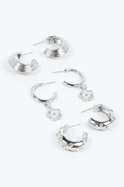 3-Pack Flower Charm Hoop Earrings