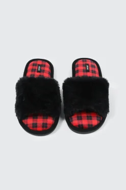 Plaid Faux Fur Slippers