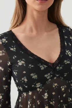 Printed Mesh V-Neck Blouse