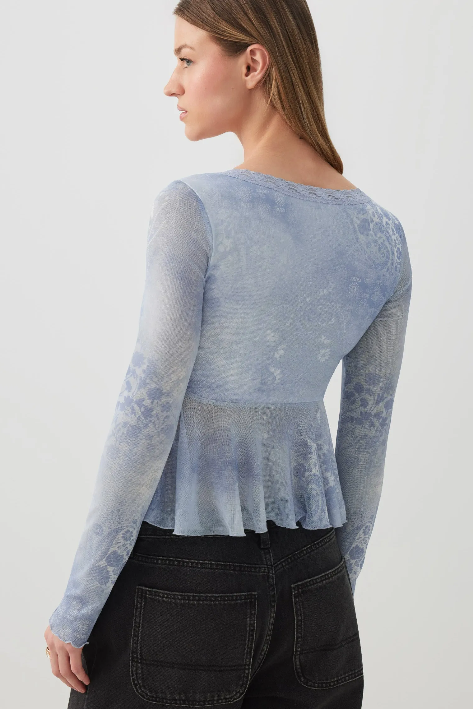 Printed Mesh V-Neck Blouse