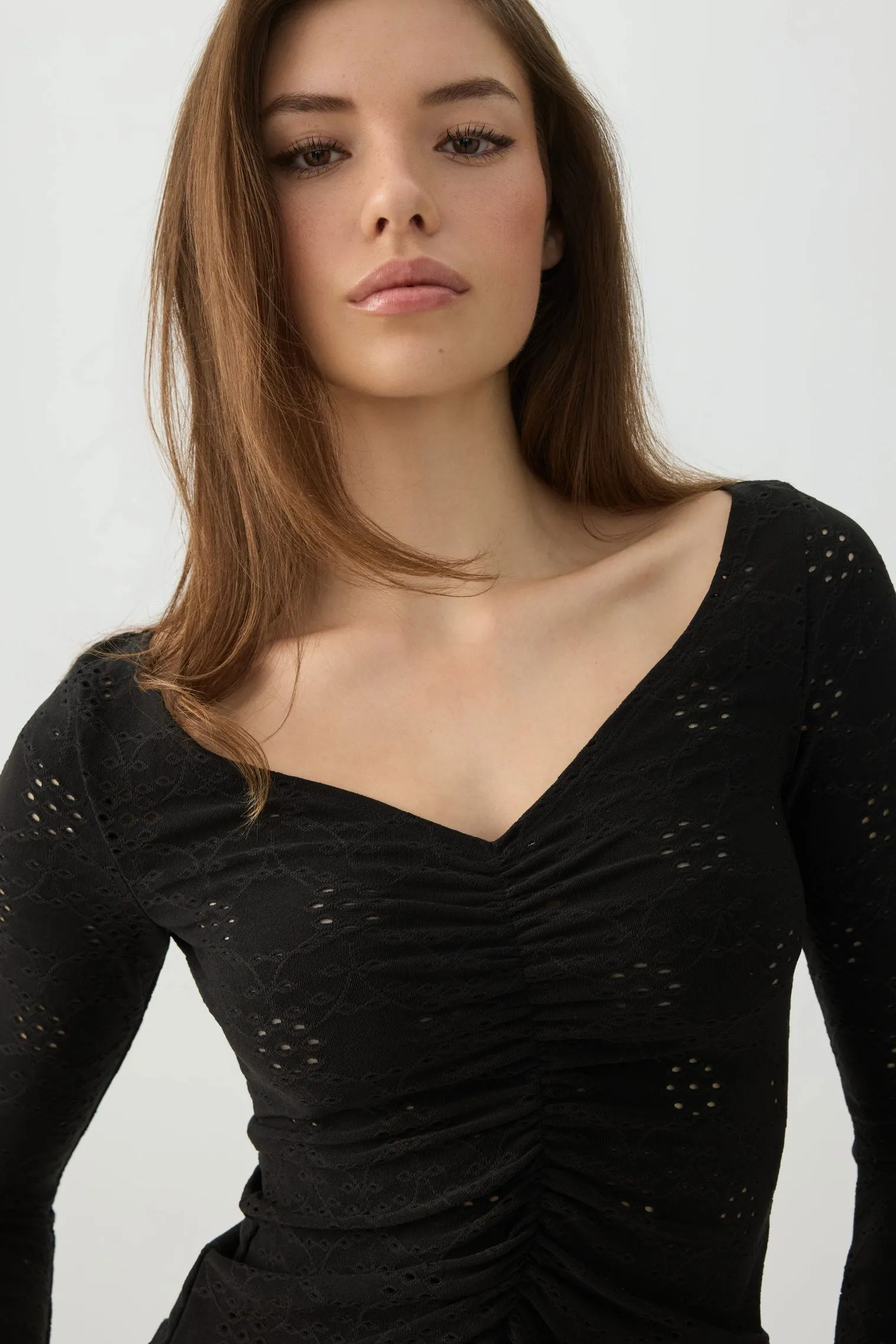 Ruched Front Eyelet Top