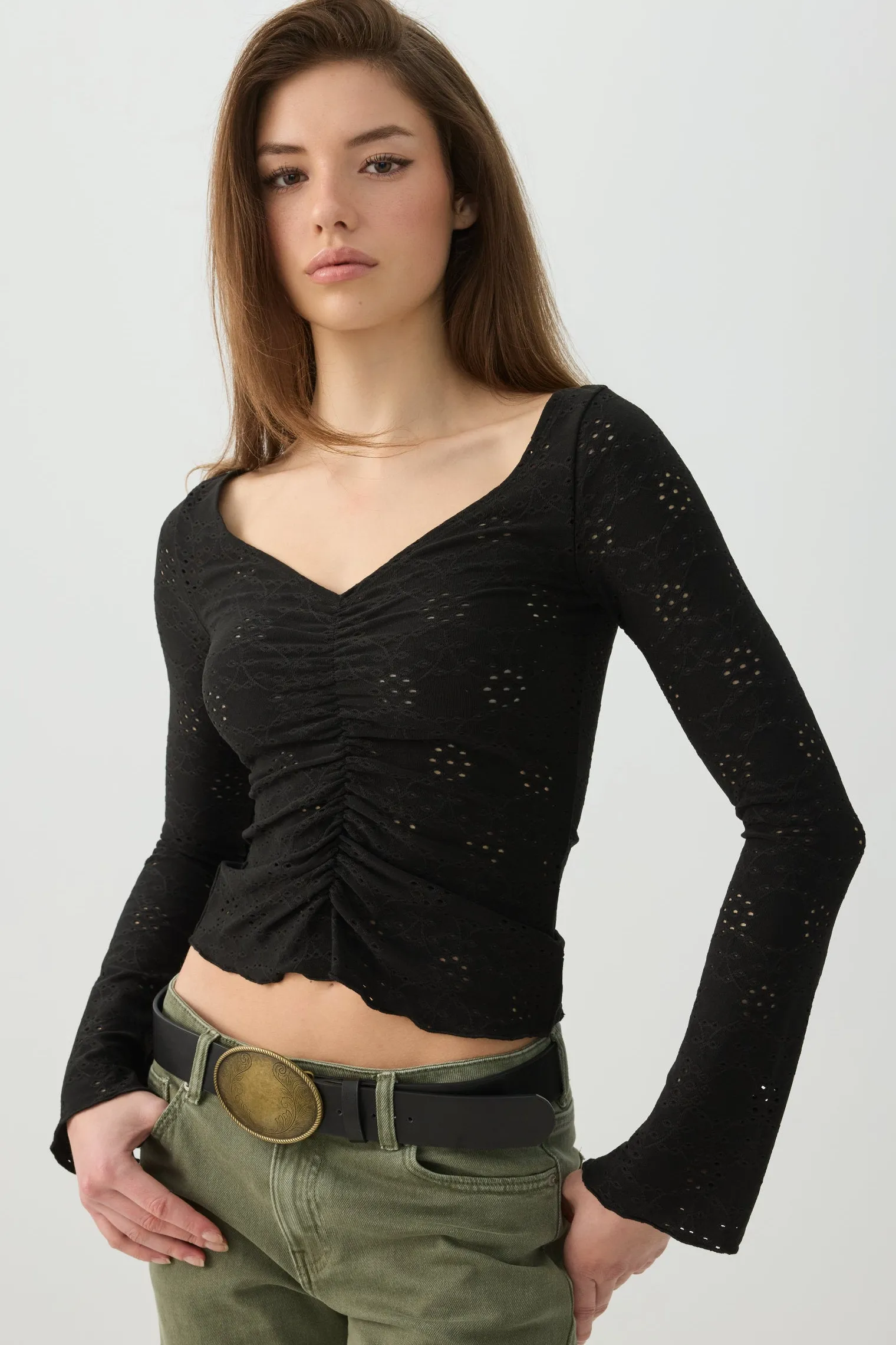 Ruched Front Eyelet Top