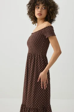 Smocked Off Shoulder Midi Dress