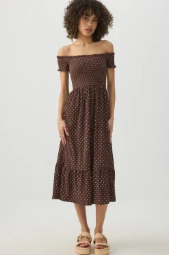 Smocked Off Shoulder Midi Dress