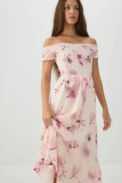 Smocked Off Shoulder Midi Dress