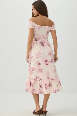 Smocked Off Shoulder Midi Dress