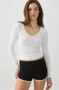 Stretch Rib Scoop Neck Long Sleeve Top