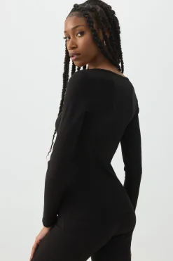 Stretch Rib Scoop Neck Long Sleeve Top