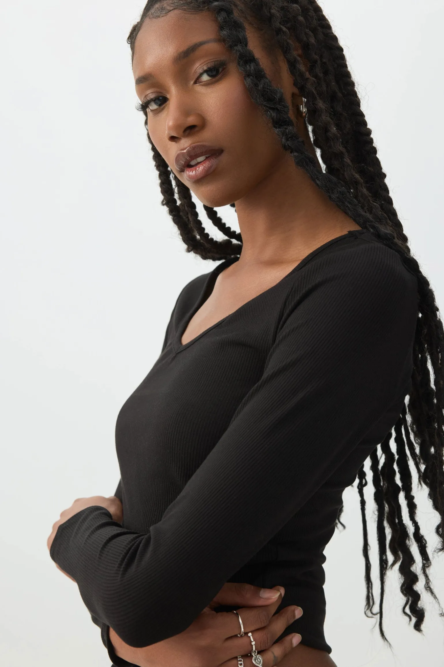 Stretch Rib Scoop Neck Long Sleeve Top