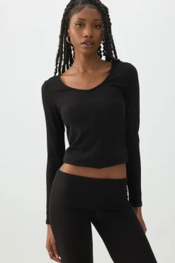 Stretch Rib Scoop Neck Long Sleeve Top