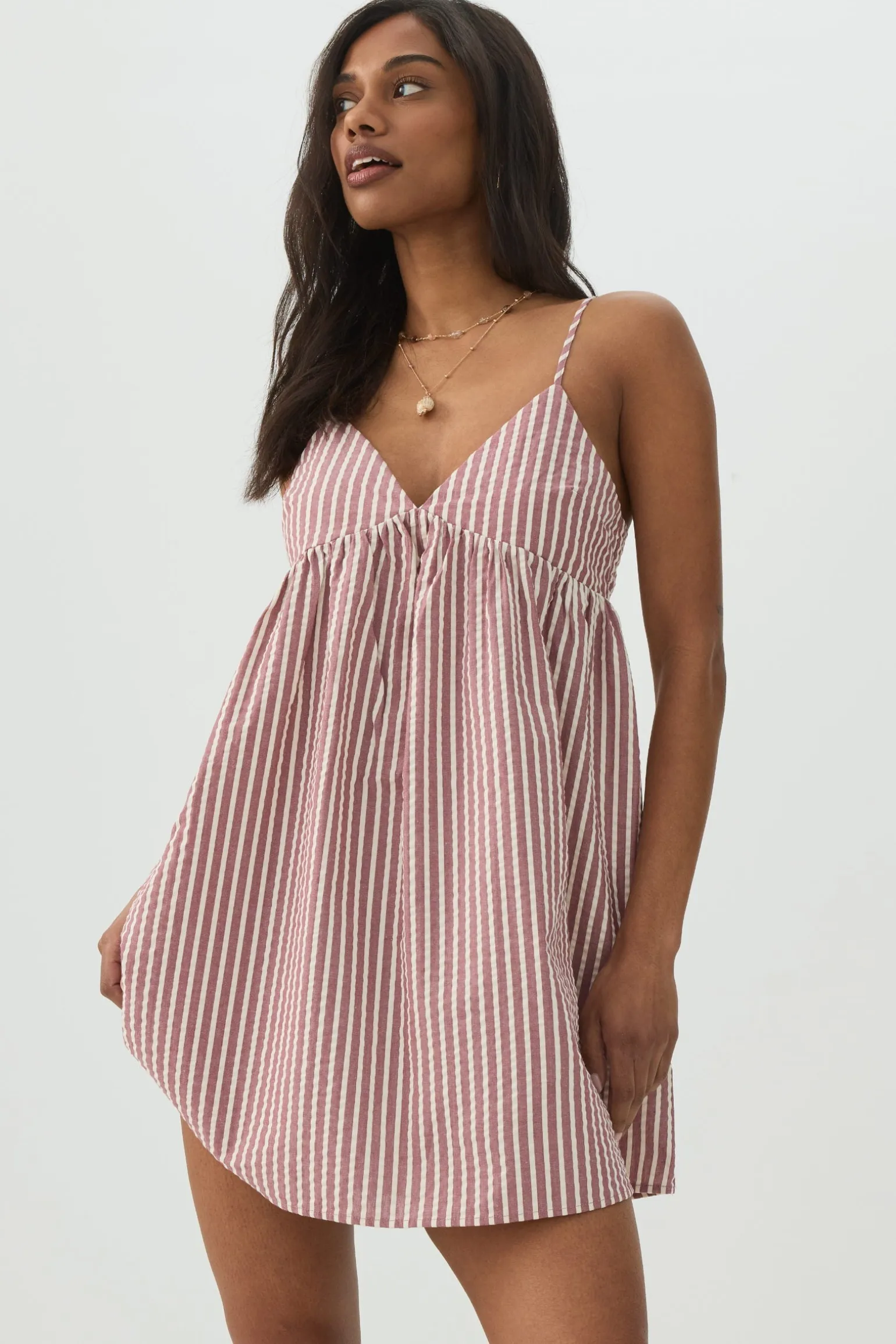 Striped Mini Babydoll V-Neck Dress