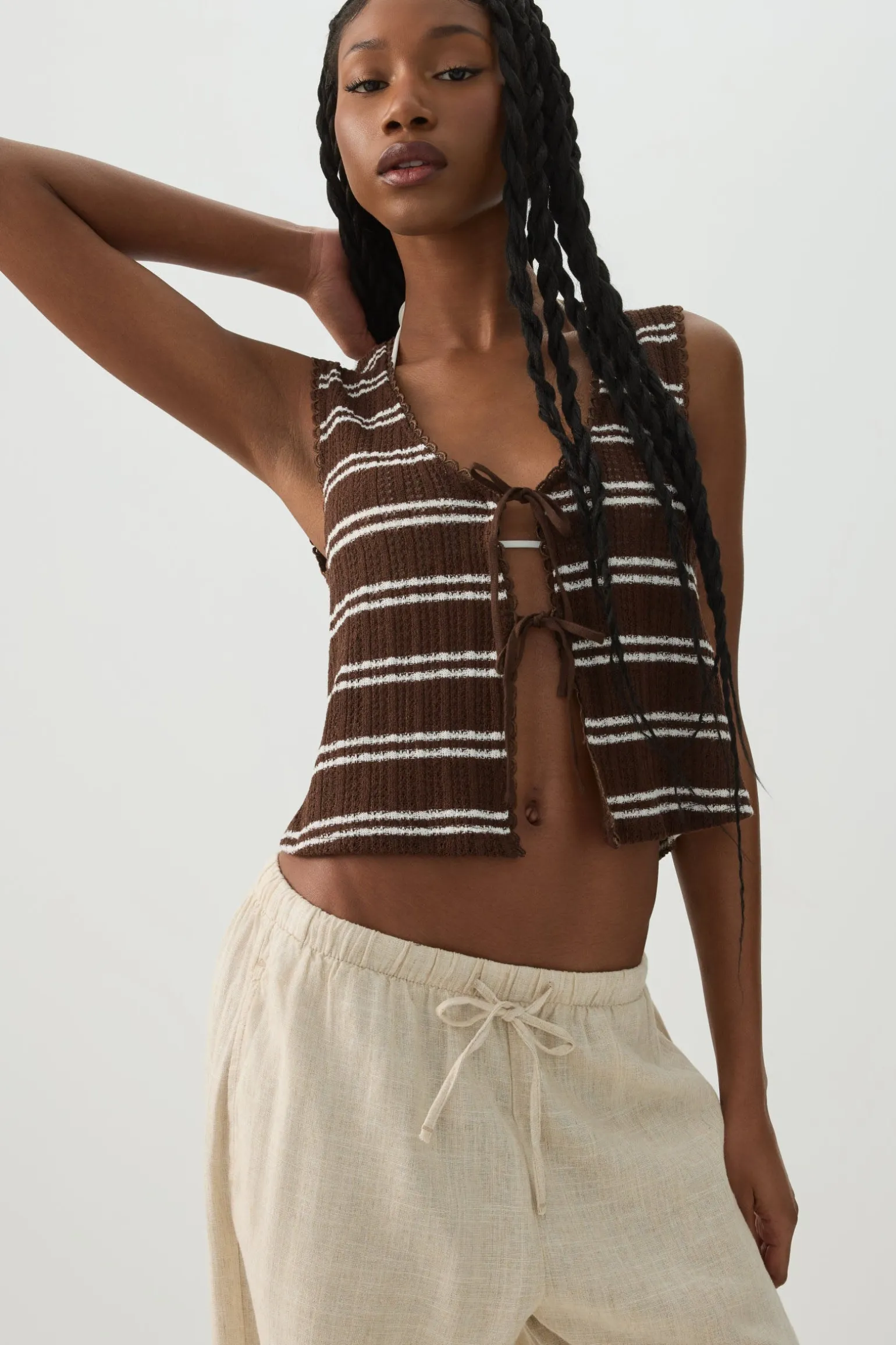 Striped Tie Front Sweater Tank