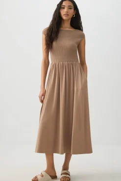 Textured Knit Cap Sleeve Midi Dress