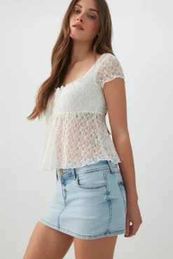Textured Lace Short Sleeve Peasant Top
