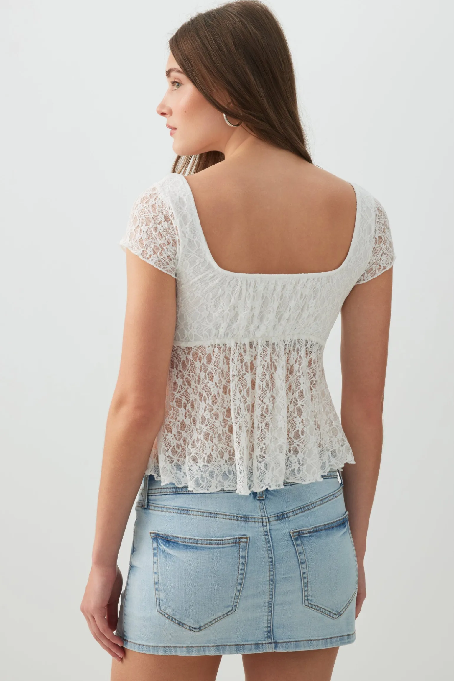 Textured Lace Short Sleeve Peasant Top