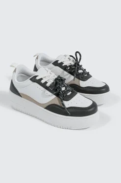 Thick Sole Court Sneakers with Double Lace Detail