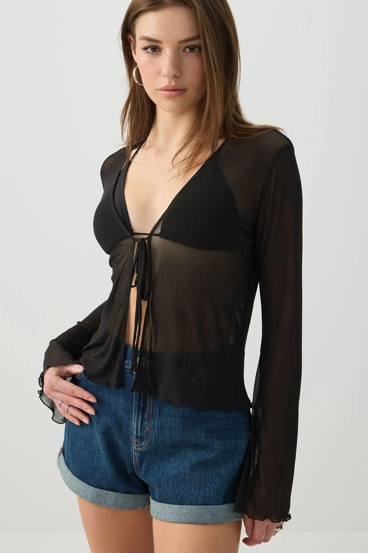 Tie Front Mesh Cardigan