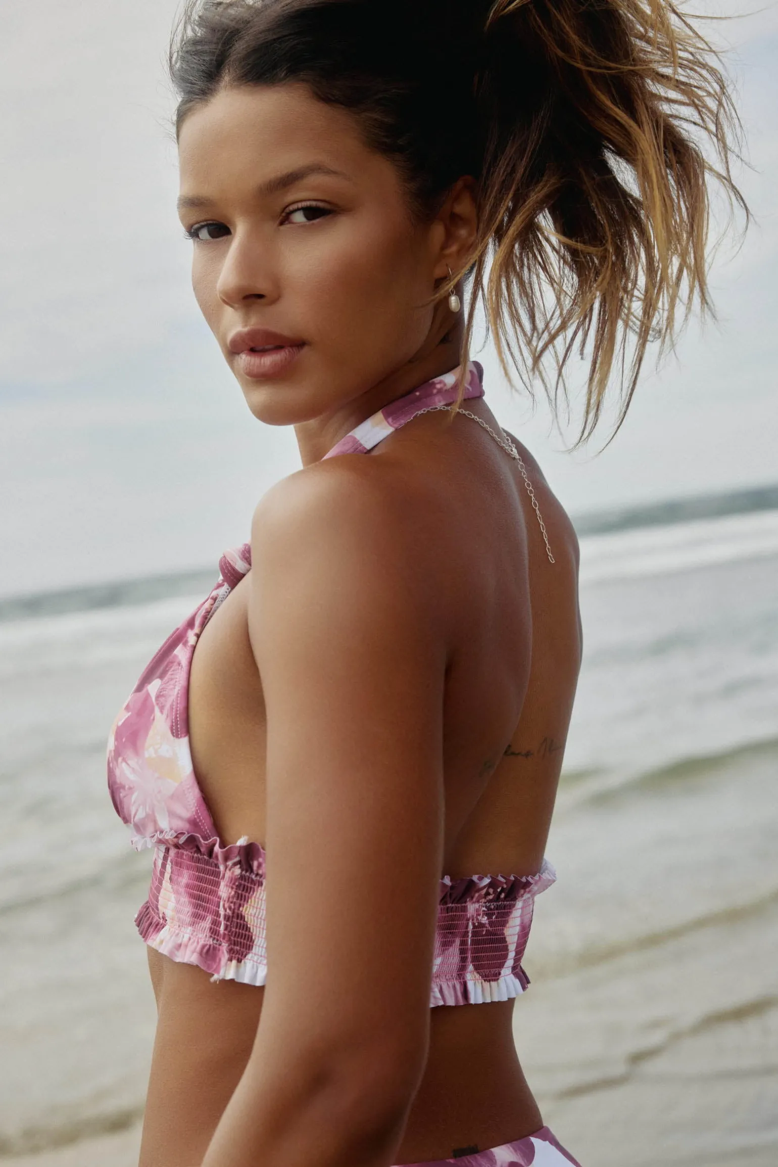 Triangle Halter Bikini Top with Smocked Band