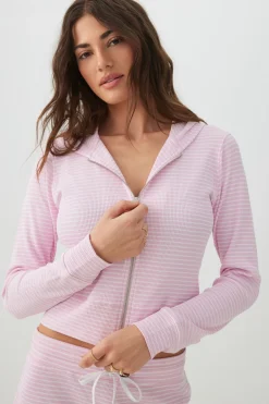 Waffle Hooded Front Zipper Top